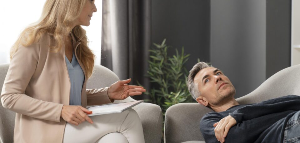 Mid shot man laying couch therapy cabinet near woman counselor