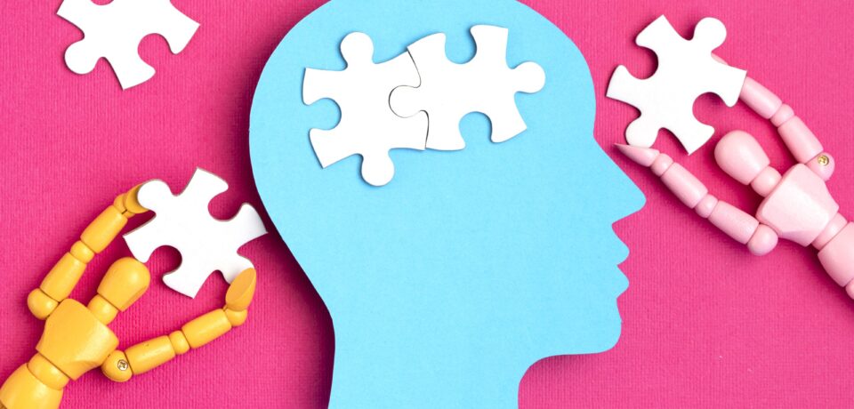 Papercut head with jigsaw puzzle pieces inside. Mental health problems, psychology, memory, logic, thinking process, solution, mental illness